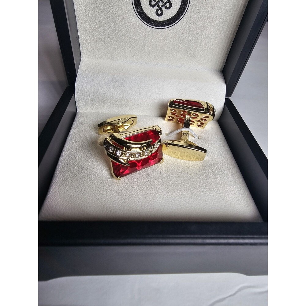Luxury Red Crystal Rhinestone Square Gold Formal Business Shirt Buttons Cufflink